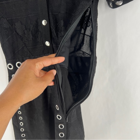 Maje Black Lace Silver Grommet Details Snap Front Collared Romper Size XS - Picture 8 of 16